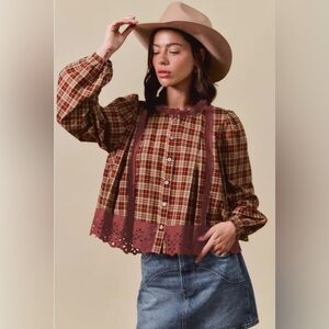 Kassie- Red Plaid Ruffle Trim Blouse